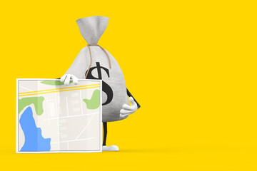 Poster - Tied Rustic Canvas Linen Money Sack or Money Bag and Dollar Sign Character Mascot with Abstract City Plan Map. 3d Rendering