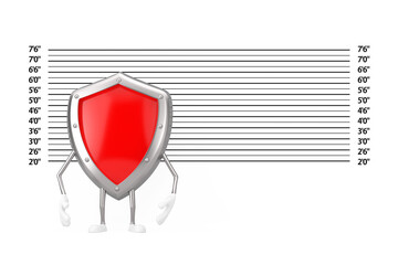 Aufkleber - Red Metal Protection Shield Character Mascot in front of Police Lineup or Mugshot Background. 3d Rendering