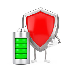 Fototapete - Red Metal Protection Shield Character Mascot with Abstract Charging Battery. 3d Rendering