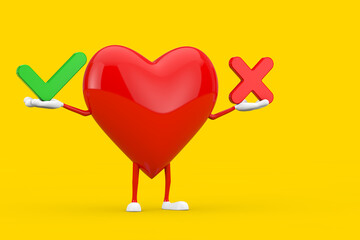 Aufkleber - Red Heart Character Mascot with Red Cross and Green Check Mark, Confirm or Deny, Yes or No Icon Sign. 3d Rendering