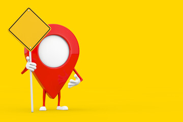 Poster - Map Pointer Pin Character Mascot and Yellow Road Sign with Free Space for Yours Design. 3d Rendering