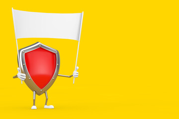 Fototapete - Red Metal Protection Shield Character Mascot and Empty White Blank Banner with Free Space for Your Design. 3d Rendering