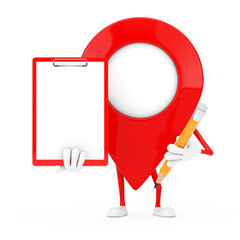 Poster - red map pointer target pin character mascot with red plastic clipboard, paper and pencil. 3d renderi