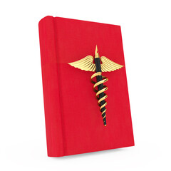 Poster - Medical Publication Concept. Golden Fountain Writing Pen as Gold Medical Caduceus Symbol over Red Medical Book. 3d Rendering