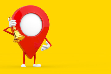 Poster - Map Pointer Pin Character Mascot with Vintage Golden School Bell. 3d Rendering
