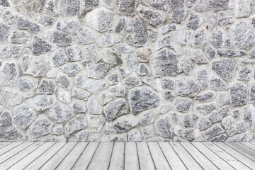 Poster - Empty Room with White Stone Grunge Wall and Plank Wooden Floor. 3d Rendering