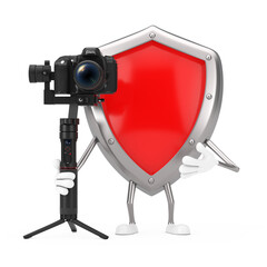 Leinwandbilder - Red Metal Protection Shield Character Mascot with DSLR or Video Camera Gimbal Stabilization Tripod System. 3d Rendering
