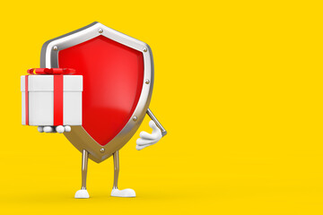 Aufkleber - Red Metal Protection Shield Character Mascot with Gift Box and Red Ribbon. 3d Rendering