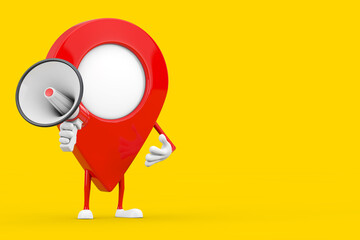 Poster - Map Pointer Pin Character Mascot with Red Retro Megaphone. 3d Rendering