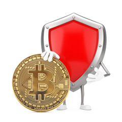 Poster - Red Metal Protection Shield Character Mascot with Digital and Cryptocurrency Golden Bitcoin Coin. 3d Rendering