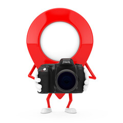 Leinwandbilder - Red Map Pointer Target Pin Character Mascot with Modern Digital Photo Camera. 3d Rendering