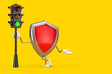 Aufkleber - Red Metal Protection Shield Character Mascot with Traffic Green Light. 3d Rendering