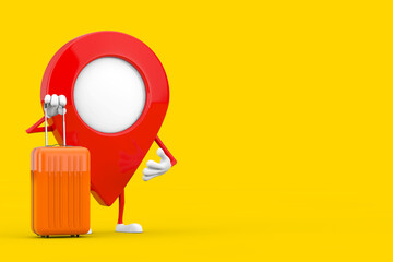 Aufkleber - Map Pointer Pin Character Mascot with Orange Travel Suitcase. 3d Rendering