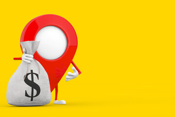 Fototapete - Map Pointer Pin Character Mascot with Tied Rustic Canvas Linen Money Sack or Money Bag with Dollar Sign. 3d Rendering