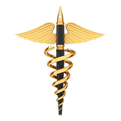 Poster - Medical Publication Concept. Golden Fountain Writing Pen as Gold Medical Caduceus Symbol. 3d Rendering