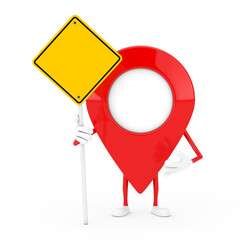 Leinwandbilder - Map Pointer Pin Character Mascot and Yellow Road Sign with Free Space for Yours Design. 3d Rendering