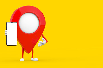 Leinwandbilder - Map Pointer Pin Character Mascot and Modern Mobile Phone with Blank Screen for Your Design. 3d Rendering