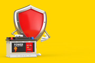 Aufkleber - Red Metal Protection Shield Character Mascot and Rechargeable Car Battery 12V Accumulator with Abstract Label. 3d Rendering