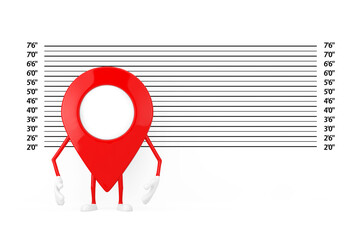 Leinwandbilder - Map Pointer Pin Character Mascot in front of Police Lineup or Mugshot Background. 3d Rendering
