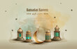 islamic greetings ramadan kareem card design template background with beautiful lanterns and crescent