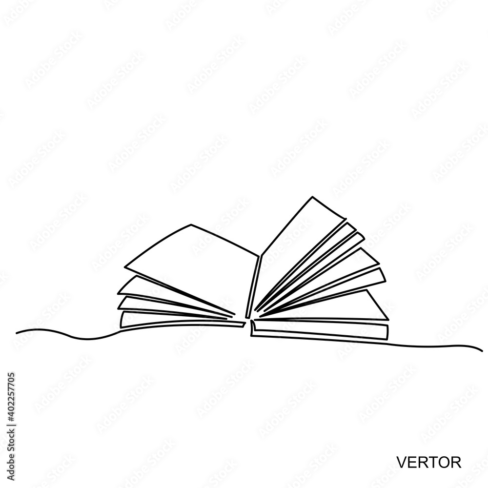 Vector design.Continuous one line drawing open book with flying pages ...