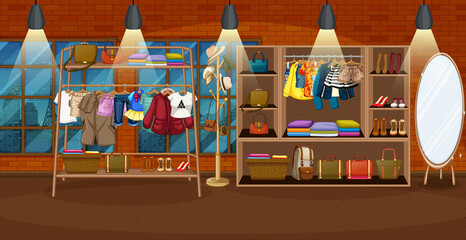 Canvas Print - Clothes hanging on a clothes rack with accessories on shelves in the room scene