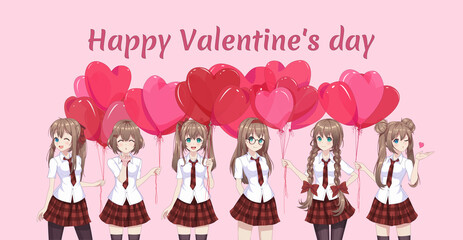 Anime manga girls in red skirt and white blouse are holding heart-shaped balloons. Vector illustration. Valentine's day card