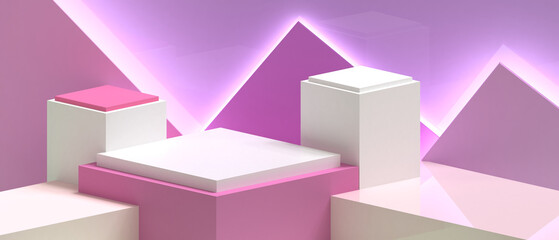 Wall Mural - Minimal stage Podium showcase Geometric shapes square box and Triangle Concept on purple light background with copy space - 3d rendering