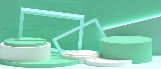 Aufkleber - Minimal stage Podium showcase Geometric shapes square box and Triangle Concept on Green light background with copy space - 3d rendering