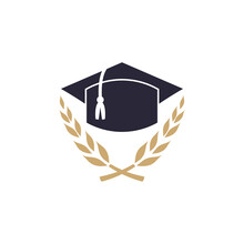 Graduation Cap And Leaf Logo Concept. Vintage Education Logo Template. Toga Hat University Student Logo Design Vector
