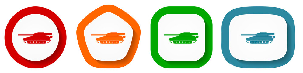 Aufkleber - Tank, army, military, war vehicle vector icon set, flat design buttons on white background