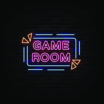 Game room neon signs vector. Design template neon style