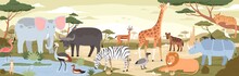 Natural Landscape With Savannah Animals, Reptiles And Birds. Panoramic Scenery With Wild Habitant. Exotic Savanna Inhabitants In African National Park. Vector Illustration In Flat Cartoon Style
