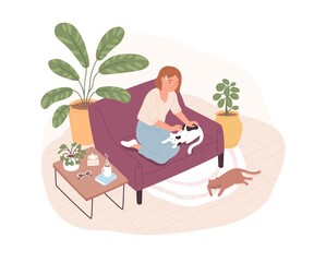 Caring woman stroking cute cat sitting on couch together vector flat illustration. Happy female owner of two pets spending time at home isolated on white. Smiling person with her domestic animals