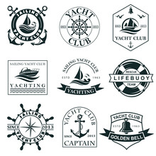 Collection Of Yacht Club Labels With Sea Waves, Anchor, Helm And Lifebuoy Isolated On White Background