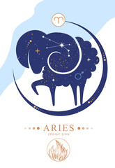 Modern magic witchcraft card with astrology Aries zodiac sign. Zodiac characteristic