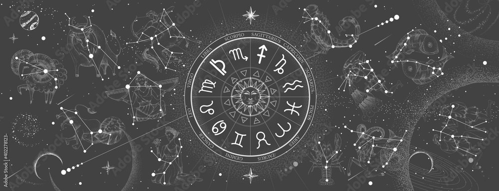 Astrology wheel with zodiac signs on constellation map background. Realistic illustration of  zodiac signs. Horoscope vector illustration - obrazy, fototapety, plakaty 