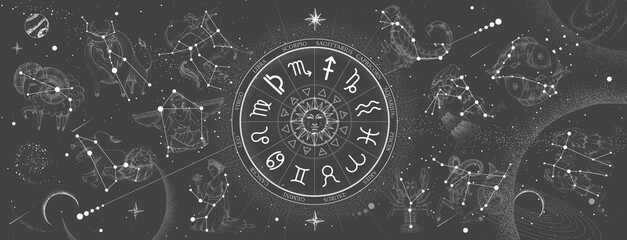 astrology wheel with zodiac signs on constellation map background. realistic illustration of zodiac 