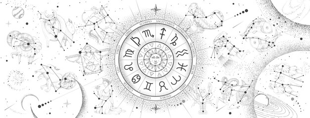Wall Mural - astrology wheel with zodiac signs on constellation map background. realistic illustration of zodiac 