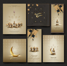 Set Of Islamic Greeetings Ramadan Kareem Cards Design With Lanterns And Crescent