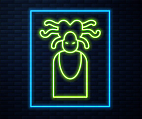 Wall Mural - Glowing neon line Medusa Gorgon head with snakes greek icon isolated on brick wall background. Vector.