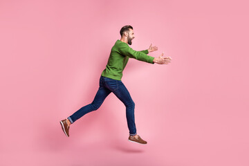 Sticker - Full length body size profile side view of nice cheerful guy jumping running hugging copy space isolated over pink pastel color background