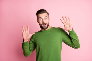 Canvas Print - Portrait of attractive cheerful stunned guy expressing wow reaction isolated over pink pastel color background