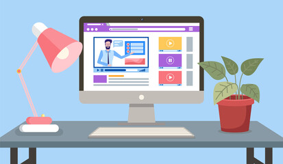 Poster - Online education, training or e-learning concept. Website for education and business courses. Smiling man in glasses presenting distance learning services using internet, computer with video player