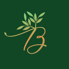 Letter B logo.Wedding decorative creative calligraphic icon isolated on green background.Ornate symbol icon for beauty, fresh, elegant brand.Alphabet initial.Nature leaf elements.