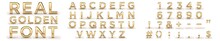 Golden Font 3d, All Letters, Numbers, Punctuation Marks. Latin, English Alphabet. 3d Render, Gold Metal Texture, On White Background. Dates, Letters, Characters. 