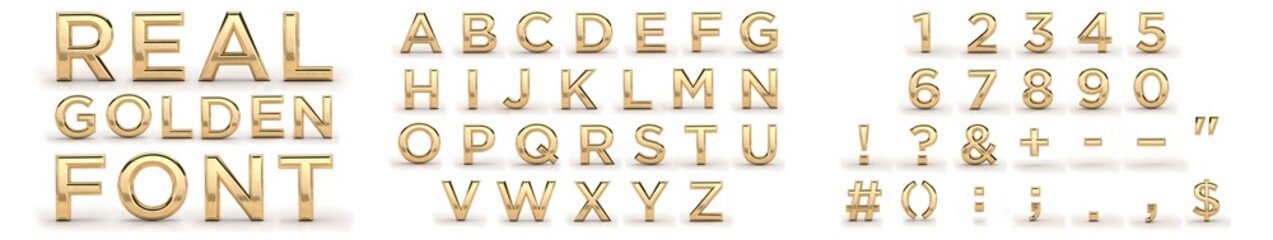 Golden font 3d, all letters, numbers, punctuation marks. Latin, english alphabet. 3d render, gold metal texture, on white background. Dates, letters, characters. 