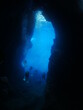© underocean - cave diving underwater scuba divers exploring caves and having fun ocean scenery sun beams and rays background