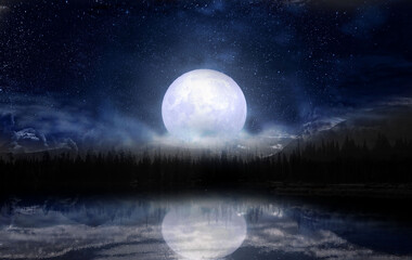 Wall Mural - Full moon over the lake