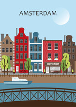 Amsterdam Street  Illustration Poster, Bridge, Houses, Canal